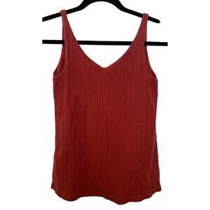 Uniqlo Rust Red Ribbed Tank Top V-Neck Shelf Bra V-Neck Basics Minimalistic-L